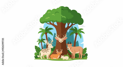 Jungle scene with various animals under a large tree, exotic forest habitat illustration