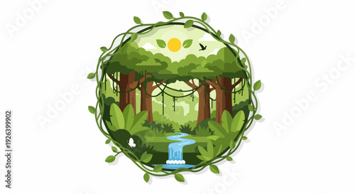 Lush green jungle with hanging vines and a waterfall, serene forest landscape