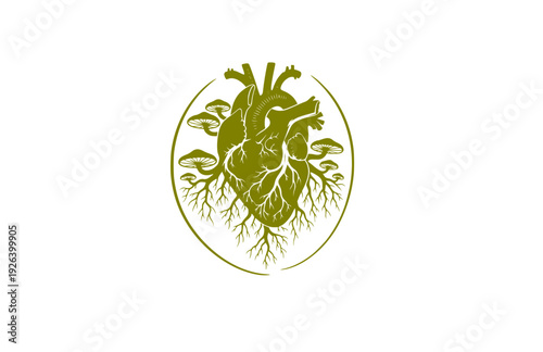 Anatomical Heart with Mycelium Root System Silhouette. Nature Connection and Biological Growth Concept Sticker Design Vector.