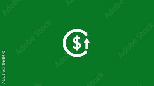 Abstract increase icon on green background. Dollar rate up looped icon. Reduce costs sign and symbol. 4k video animation