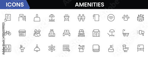 Convenient vector web line icons depicting amenities, facilities, services, pools, gyms, parking, and modern lifestyle conveniences.