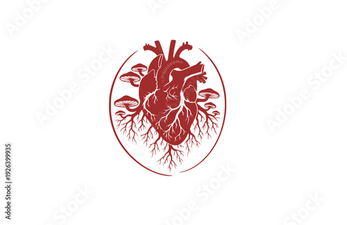 Anatomical Heart with Mycelium Root System Silhouette. Nature Connection and Biological Growth Concept Sticker Design Vector.