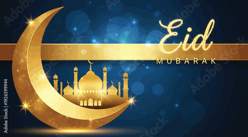 Eid mubarak greeting card with golden crescent moon and mosque on dark blue background with stars