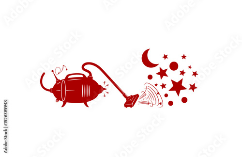 Retro Atomic Vacuum Cleaner Sucking Stars and Moon Silhouette. Surreal Silliness and Mid Century Modern Space Concept Vector.