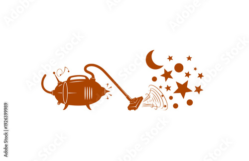 Retro Atomic Vacuum Cleaner Sucking Stars and Moon Silhouette. Surreal Silliness and Mid Century Modern Space Concept Vector.