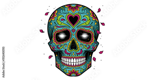 Colorful Sugar Skull with Heart Design.