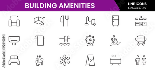 Convenient vector web line icons depicting amenities, facilities, services, pools, gyms, parking, and modern lifestyle conveniences.