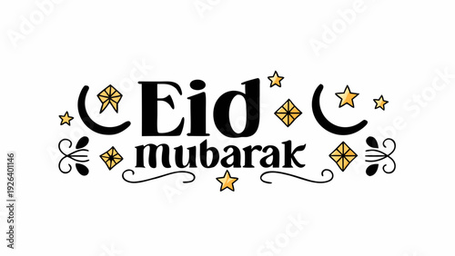 Elegant eid mubarak decorative text with golden star accents and floral designs