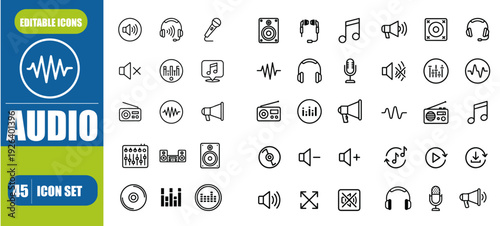 Amazing set of 45 different musical icons in flat minimal style illustration. The pack contains various black audio icons and musical instruments like: microphones headphones speakers equalizer DVD no