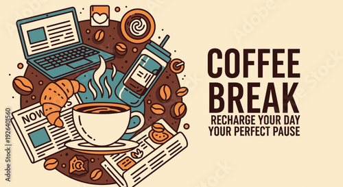 A relaxing coffee break scene with laptop, coffee, and pastries on a table, perfect pause for recharging the day