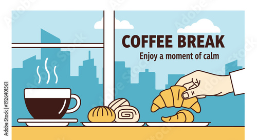 A serene moment of calm with coffee and croissant by the window, overlooking the cityscape