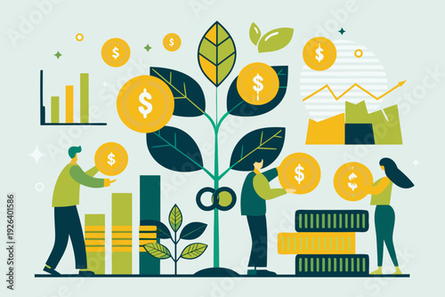 Financial growth concept with plant money and people illustrations