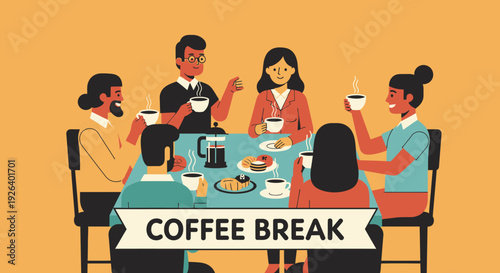 Group of people enjoying a coffee break together around a table with food and beverages