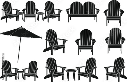 Adirondack chair silhouettes collection set, wooden outdoor patio seats with table and umbrella, black garden furniture vector illustration isolated on white background