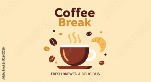 A steaming cup of coffee surrounded by coffee beans and pastry on a table viewed from directly above in a cozy setting