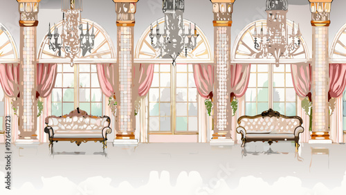 An ornate ballroom with chandeliers sofas and large arched windows