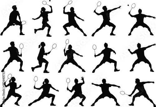 Badminton player silhouettes collection set, men and women racket smash and serve poses, black sport action vector illustration isolated on white background