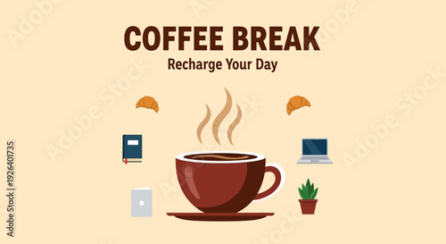 A steaming cup of coffee on a saucer surrounded by office supplies and a small potted plant on a flat surface viewed from directly above