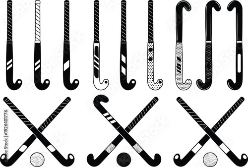 Field hockey stick silhouettes collection set, crossed sticks with ball icons, black sports equipment vector illustration isolated on white background