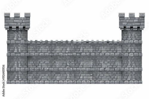 A gray stone castle wall with towers and a central opening