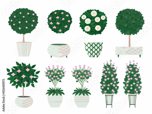 Variety of stylized potted plants and floral arrangements on white background