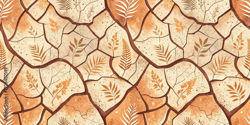 Abstract cracked earth pattern with delicate leaf motifs in warm tones Vector