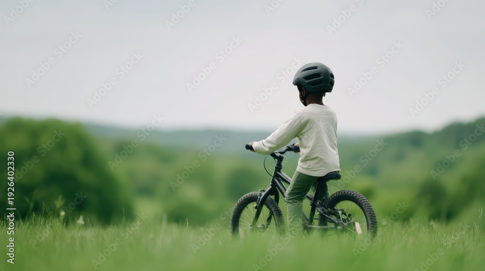 Fototapeta premium Eco friendly kids activities, A child wearing a helmet rides a bicycle through a grassy field with a scenic, blurred forest and hills in the background.