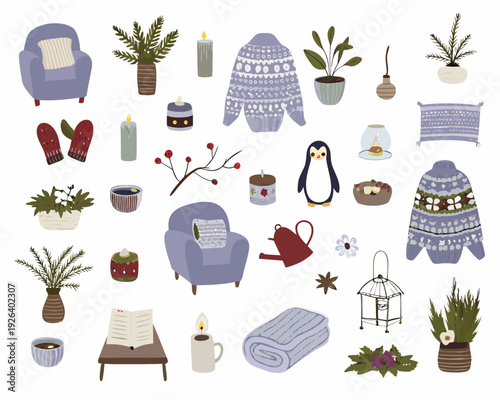 Cozy winter illustration featuring furniture plants and charming decorative items