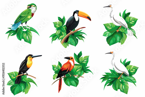 Colorful toucans and elegant egrets perched amidst lush tropical foliage