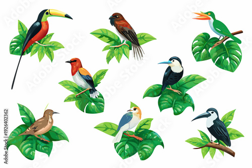 A colorful collection of tropical birds perched amongst lush green foliage