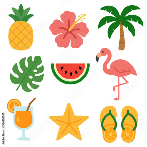 Summer graphic elements set on white background with watermelon, flamingo, and tropical decorative graphic.