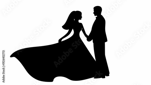 Elegant silhouette of bride and groom in formal wedding attire holding hands