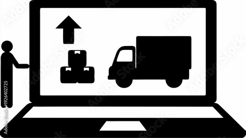 Flat silhouette vector of laptop with online shopping delivery concept