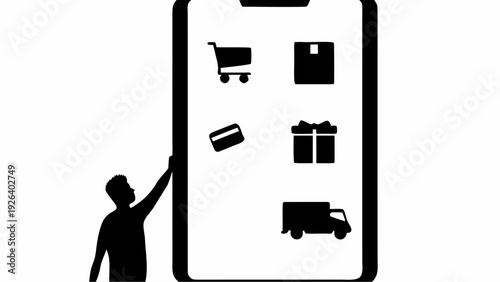 Man interacting with large smartphone screen displaying shopping icons