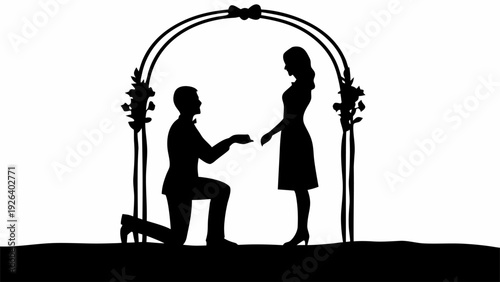 Man proposing to woman under floral archway silhouette