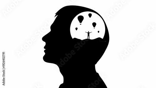 Vector silhouette of a young man with a creative mind full of hot air balloons and a parachutist