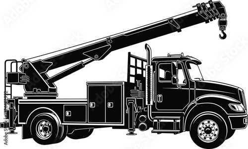 Boom truck vector illustration, hydraulic crane vehicle artwork, heavy lifting machinery design, construction transport equipment graphic, industrial utility tool – flavector
