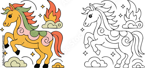 Chinese zodiac animals Illustration and outline set isolated on transparent background