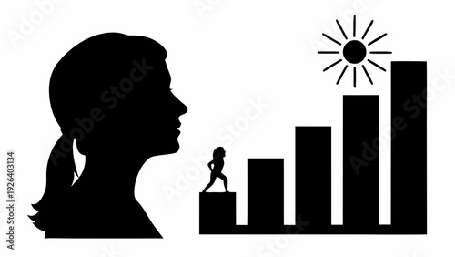 Confident woman silhouette with growing graph and sunrise symbolizing success and progress