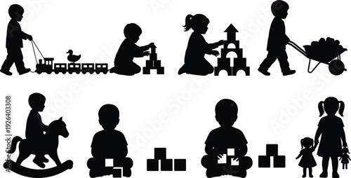 Children playing silhouette vector set, toy train blocks rocking horse illustration, childcare artwork design, childhood development activity graphic – flavector
