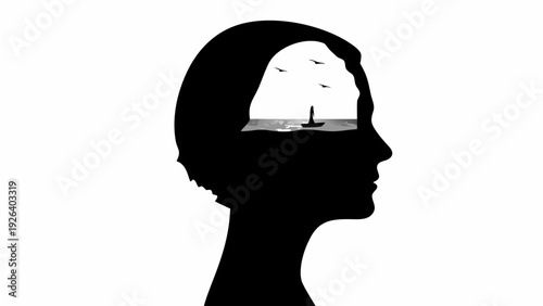 Thoughtful woman silhouette with sailboat and seagulls in mind