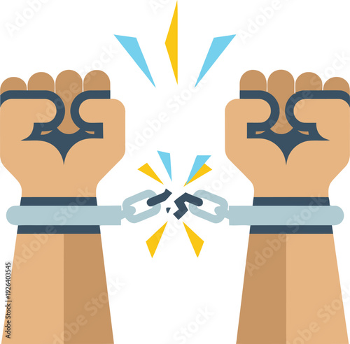 Hands breaking free from chains, symbolizing freedom and liberation in a powerful illustration