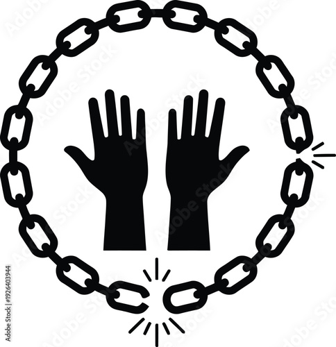 Powerful graphic symbolizing liberation, human rights. Open hands break free from shattered chain, representing freedom from oppression, triumph, and universal quest for justice