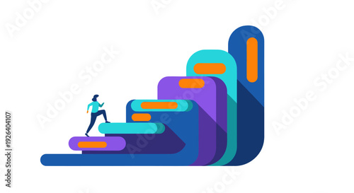 Small figure ascending a dynamic staircase composed of colorful, layered, rounded geometric platforms symbolizing career growth and achievement.