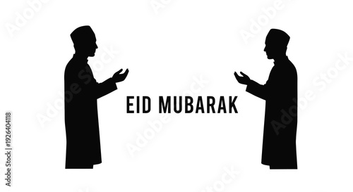 Two figures in traditional robes with an eid mubarak greeting silhouette