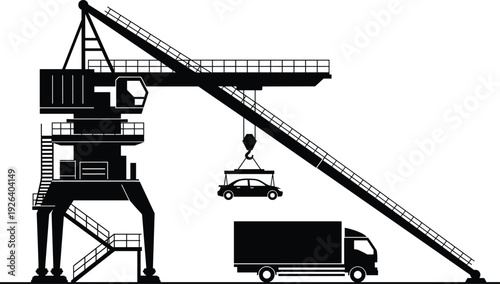 Industrial crane lifting car silhouette, heavy machinery vector, logistics transport illustration, shipping facility artwork, vehicle loading unloading operation – flavector