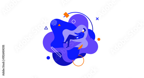 Stylized abstract representation of a person floating peacefully within deep blue and violet fluid shapes suggests calmness and introspection.