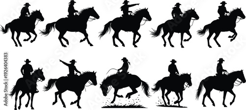Black silhouette collection of cowboys and cowgirls riding horses in various poses including galloping, jumping, and roping for western themed vector graphic design.