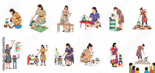 Empowering Women in STEM: A vibrant collection of illustrations depicting women building, programming, and teaching robotics, fostering innovation, creativity, and technological education.