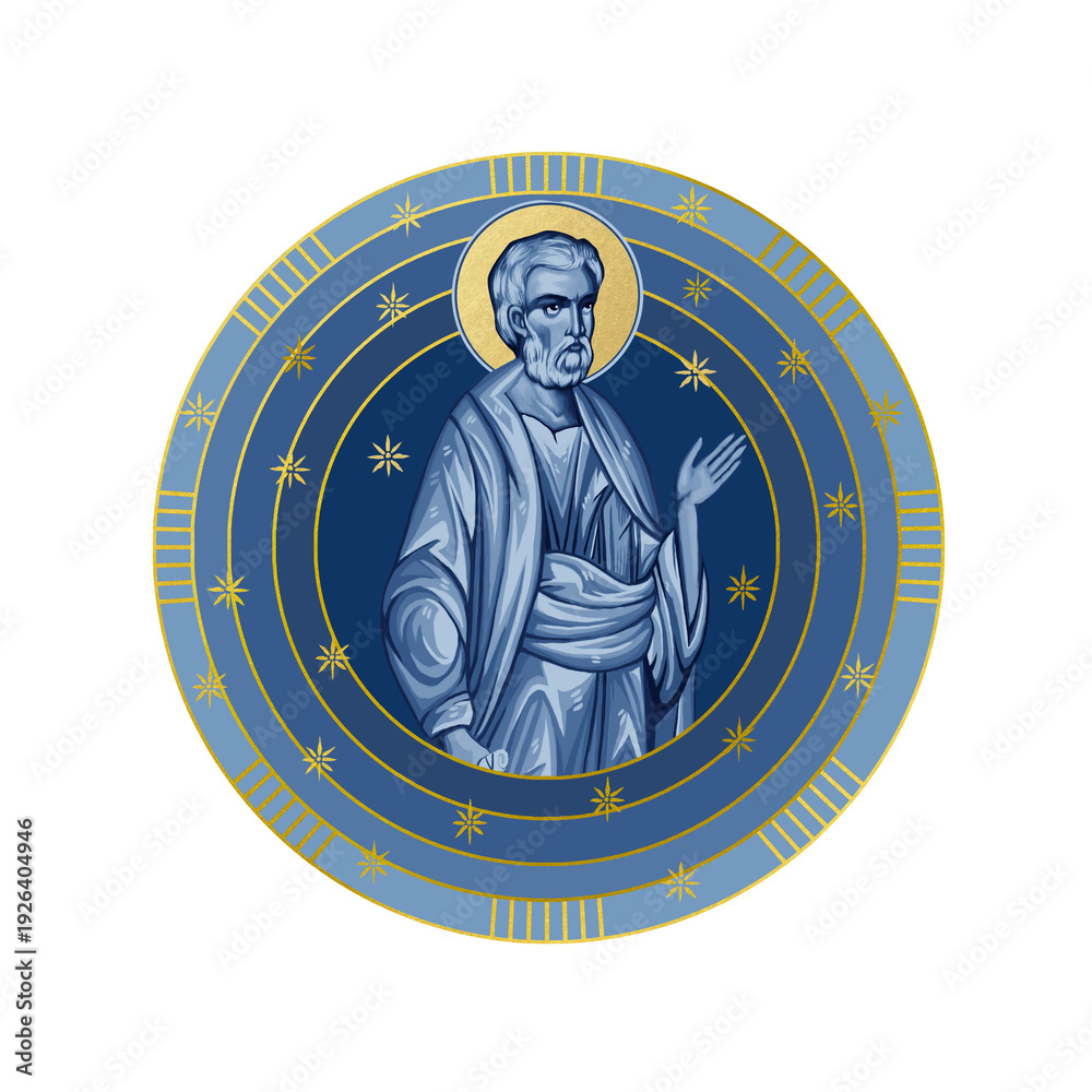 Fototapeta premium Saint Peter. Starry sky round illustration in Byzantine style isolated